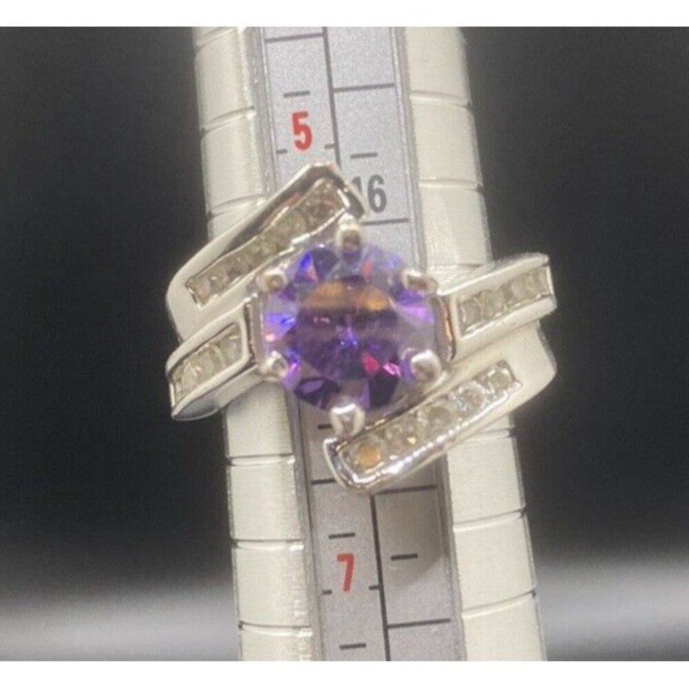 Amethyst Silver Tone Bypass Ring 2 Rows of CZ's Chunky 6.9 grams Size 6 - Picture 3 of 7